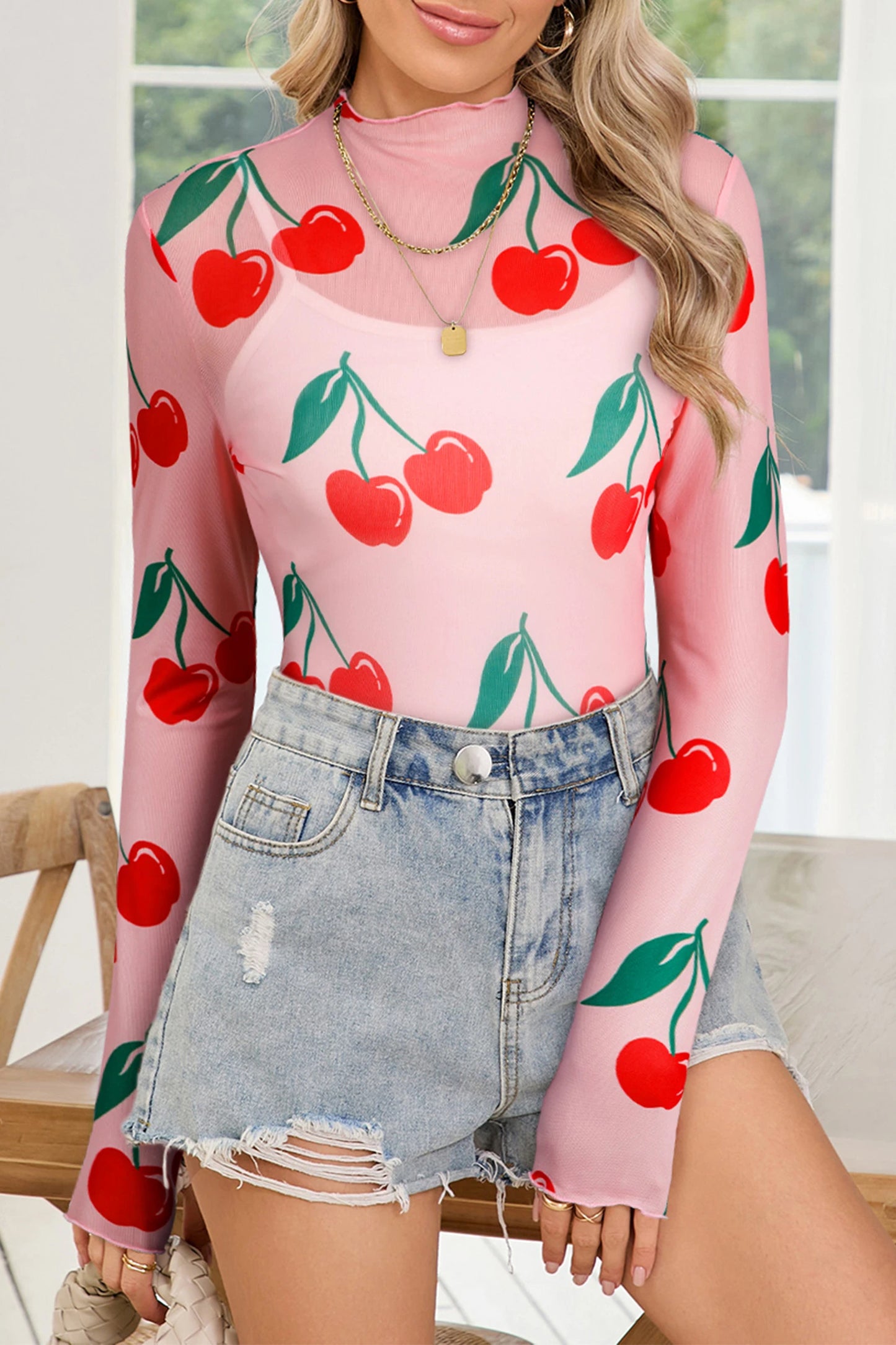 Cherry Mesh Lettuce Trim Long Sleeve Top