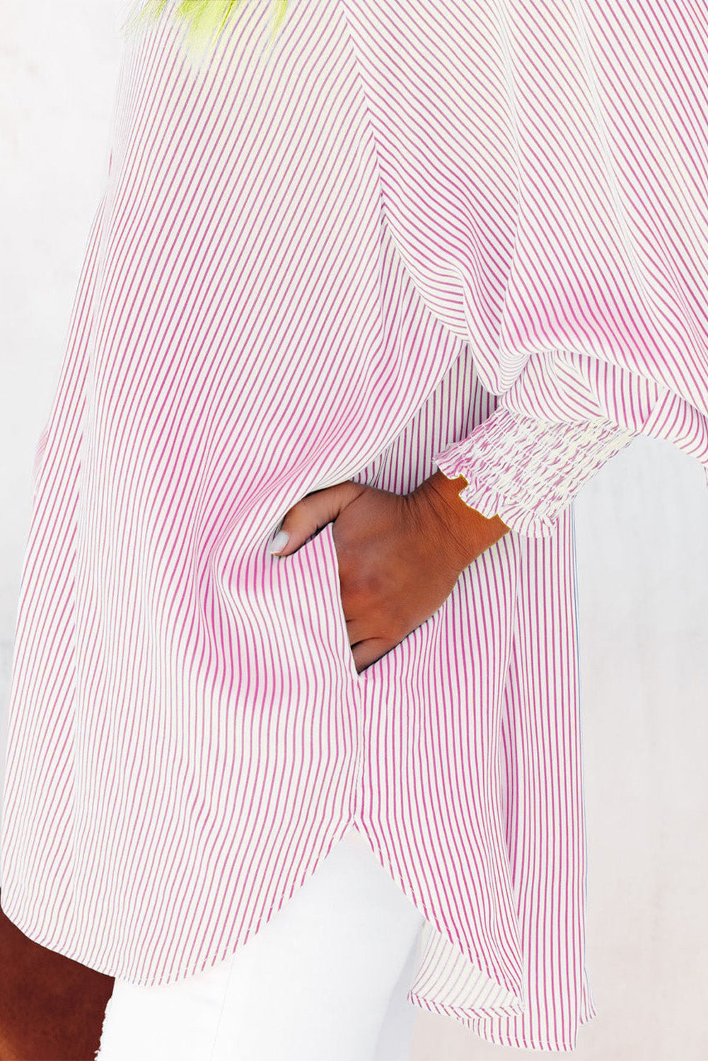 Stripe Smocked Cuff Pocketed Shirt