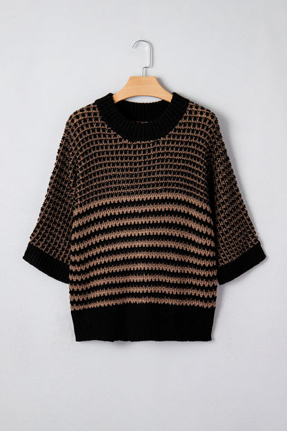 Stripe Draped 3/4 Sleeve Slouchy Sweater