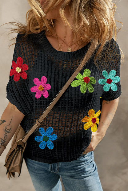 Floral Crochet Hollowed Knit T-Shirt