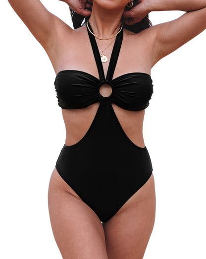 Halter Ruched Cut Out Swimsuit