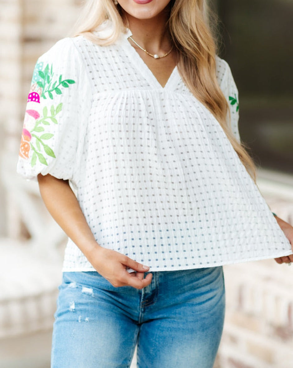 Floral Embroidered Puff Sleeve Blouse