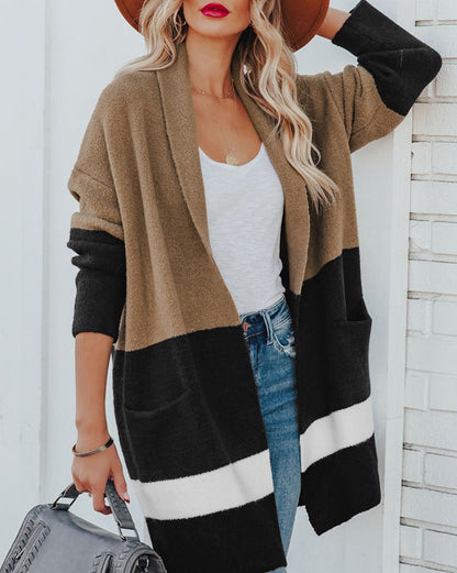 Colorblock Pocketed Open Front Cardigan