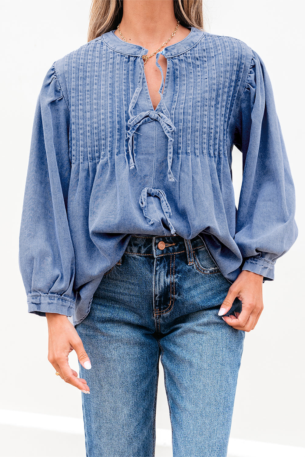 Solid Denim Pleated Bow Tie Puff Sleeve Top