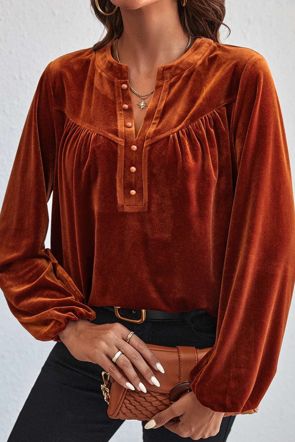 Velvet Lantern Sleeve V-Neck Top