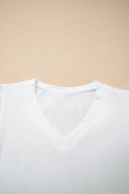 Eyelet Embroidered Flutter Sleeve Patchwork V-Neck Tee