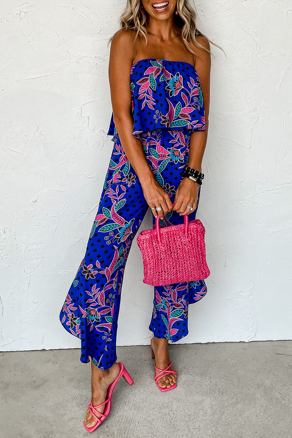 Tropical Strapless Ruffle Jumpsuit