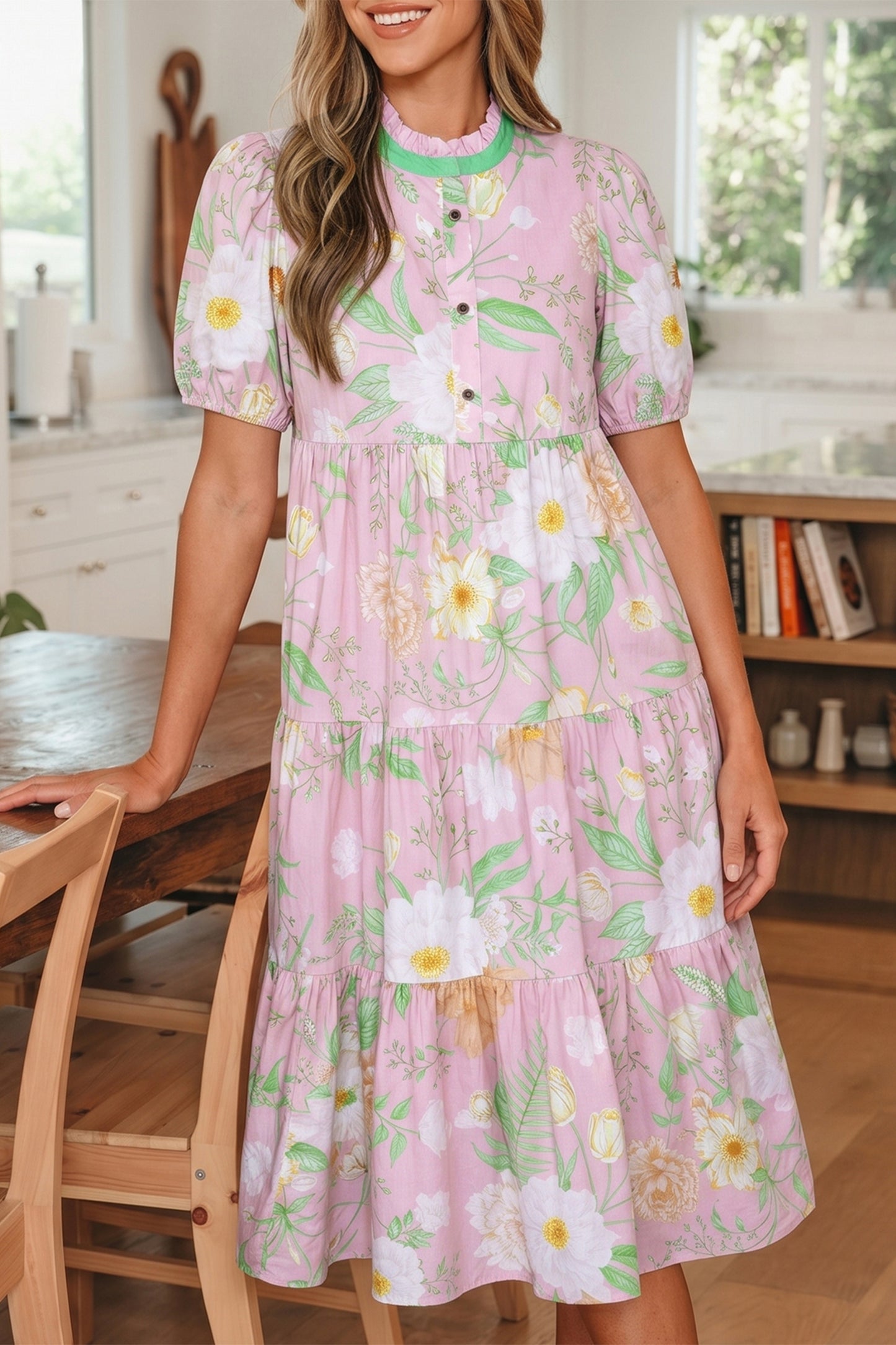 Floral Puff Sleeve Ruffle Tiered Maxi Dress