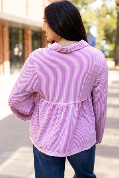 Corded V-Neck Bubble Sleeve Babydoll Blouse