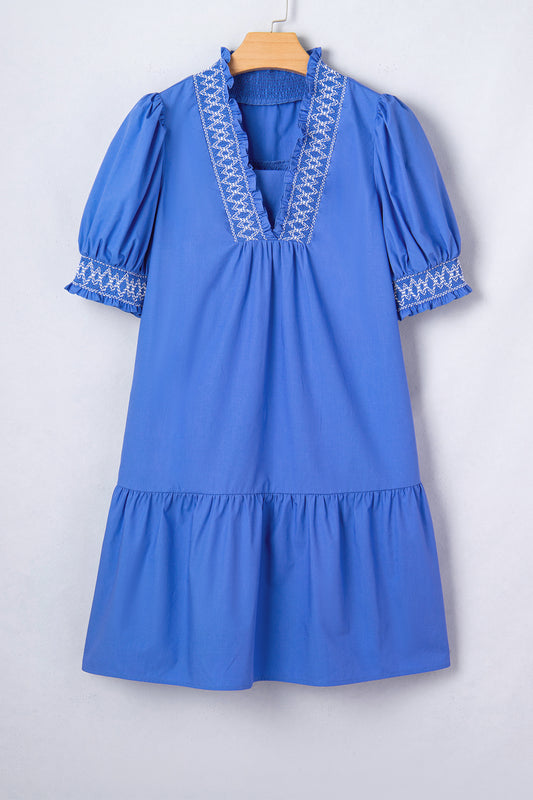 Embroidered Smocked V-Neck Puff Sleeve Mini Dress