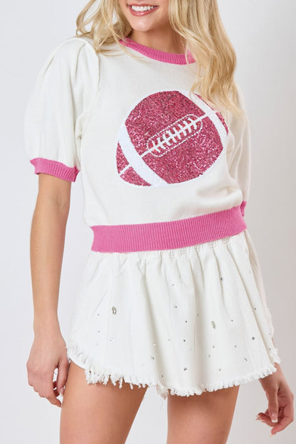 Colorblock Sequin Football Puff Sleeve Sweater