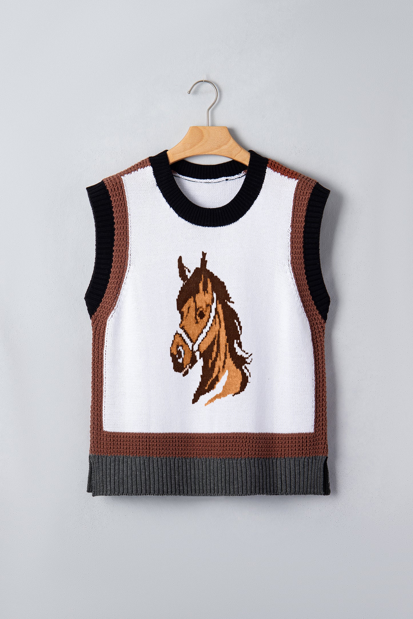 Western Horse Colorblock Trim Sleeveless Sweater Top