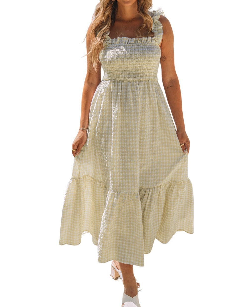 Gingham Plaid Ruffle Maxi Dress