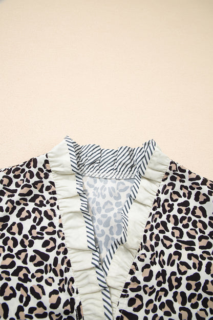 Leopard Colorblock Stripe V-Neck Short Sleeve Blouse