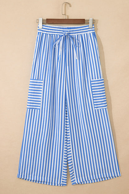 Stripe Drawstring Elastic Waist Wide Leg Pants