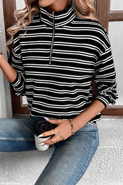 Stripe Zip Collar Long Sleeve Top