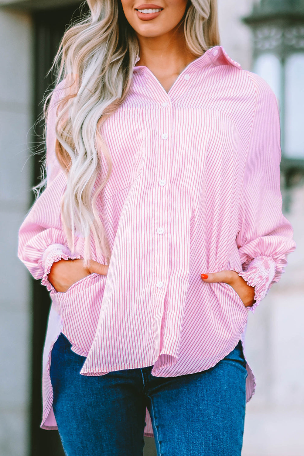 Stripe Smocked Long Sleeve Button-Up Shirt