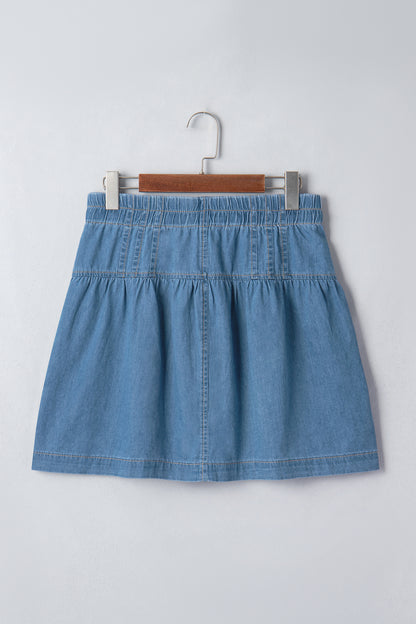 Denim Half Button Pleated Drawstring Mini Skirt
