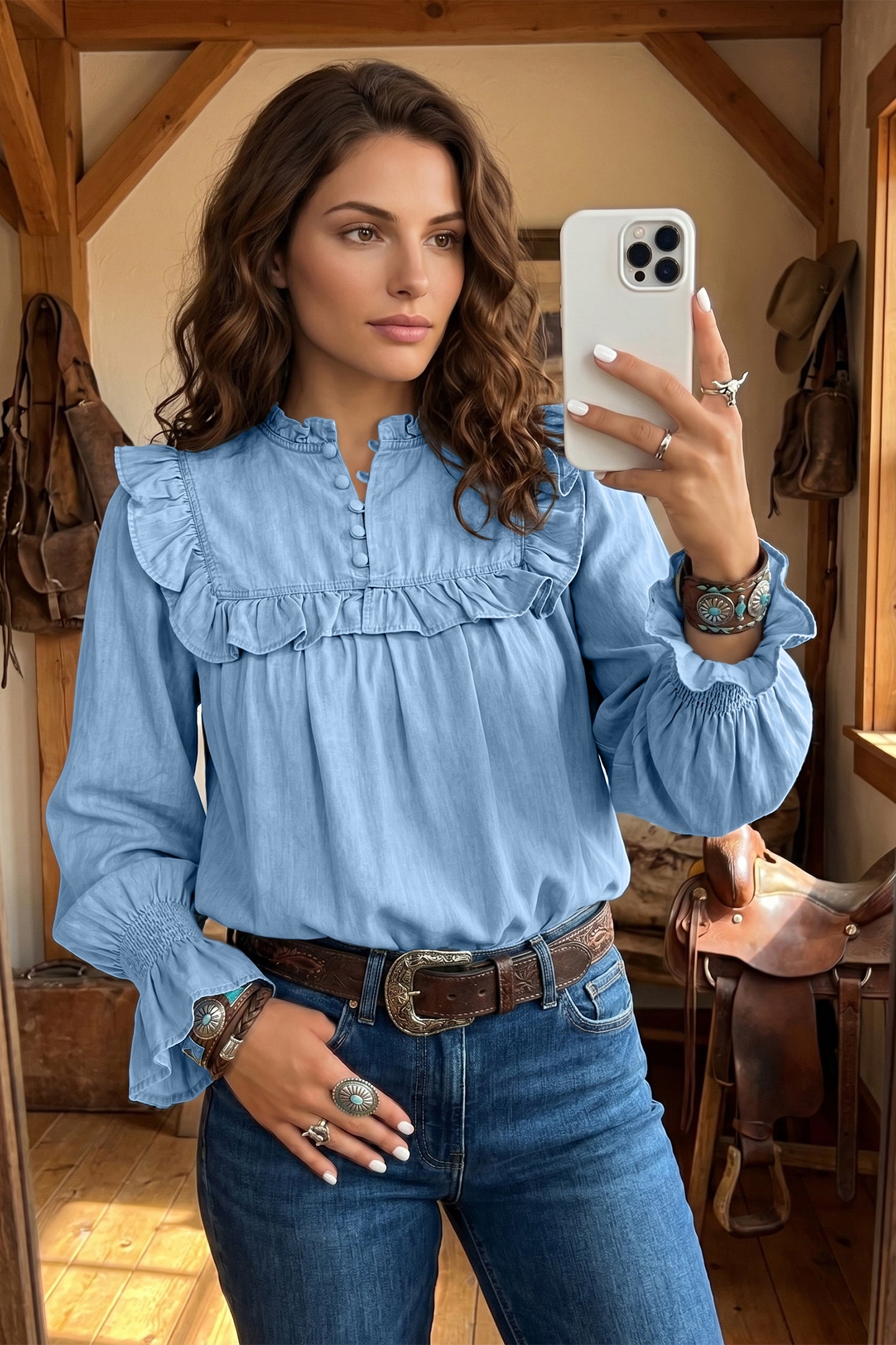 Western Denim Chambray Ruffle V-Neck Long Sleeve Blouse