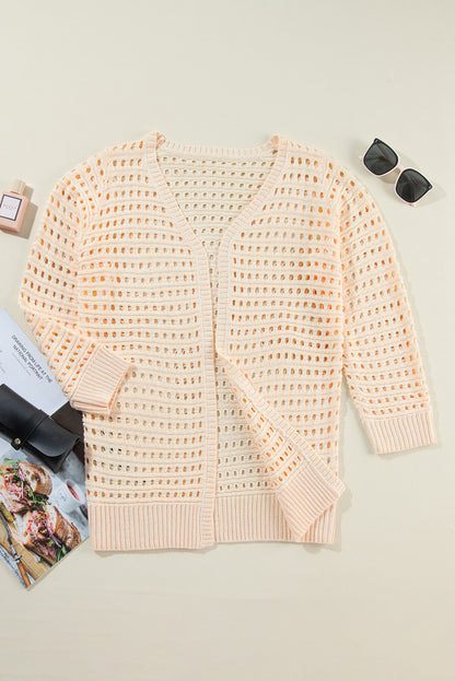 Solid Hollowed Knit Open Cardigan