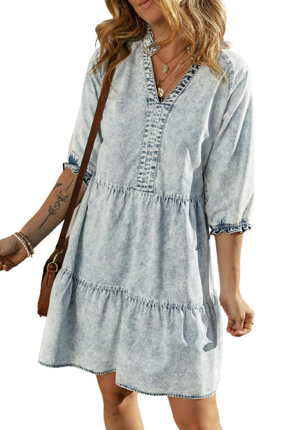 Denim Acid Wash Tiered Dress