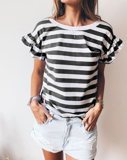 Stripe Ruffle Sleeve V-Neck Top