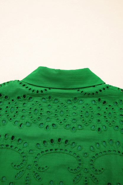 Solid Embroidered Eyelet Collared V-Neck Mini Dress