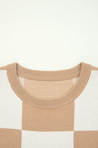 Checker Short Sleeve Drop Shoulder Sweater