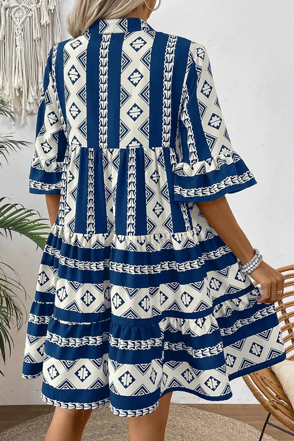 Geometric V-Neck Ruffle Dress