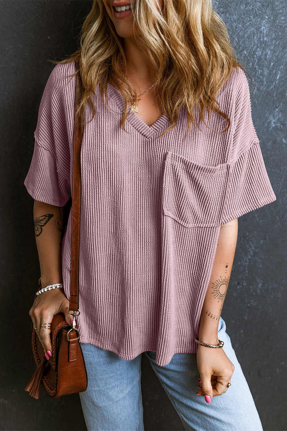 Corded Short Sleeve Pocketed T-Shirt