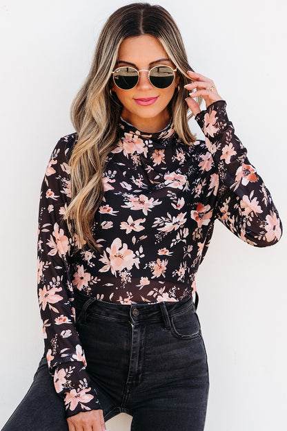 Floral Mesh Mock Neck Long Sleeve Top