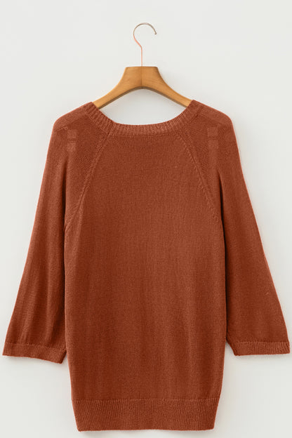 Ribbed Knit Round Neck 3/4 Sleeve Sweater