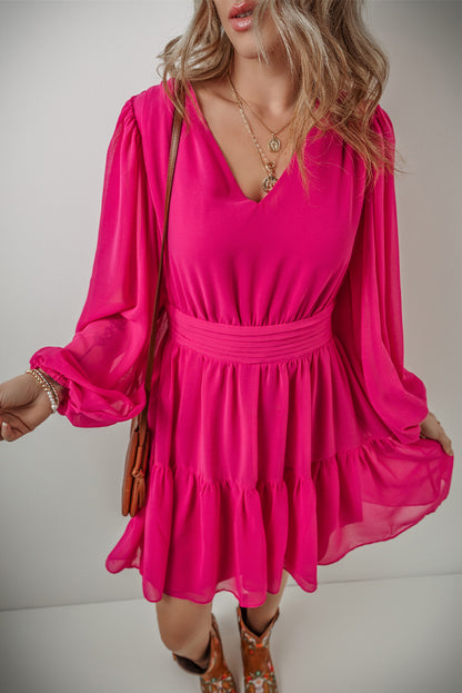 Pleated Puff Sleeve V-Neck Dress