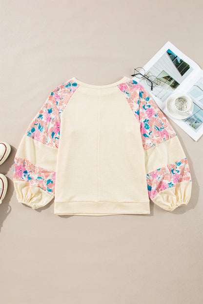 Floral Colorblock Balloon Sleeve Blouse