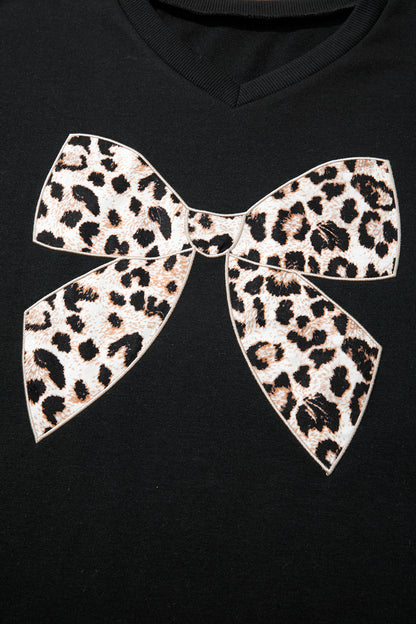 Leopard Bow Patch Tee & Drawstring Shorts Set