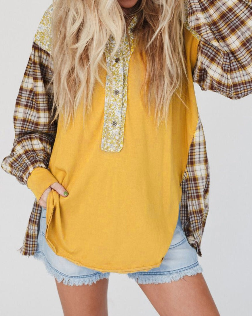 Floral Plaid Patchwork V-Neck Top