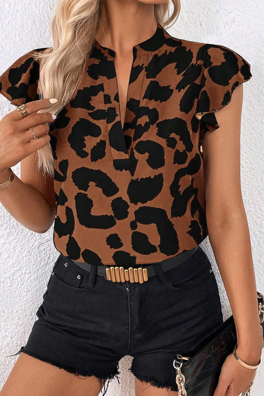 Leopard Ruffle Flutter Sleeve Blouse