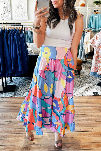 Abstract Tiered Pocketed Maxi Skirt