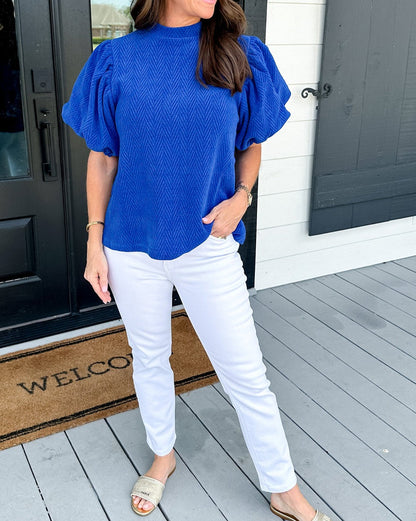 Herringbone Textured Puff Sleeve Blouse