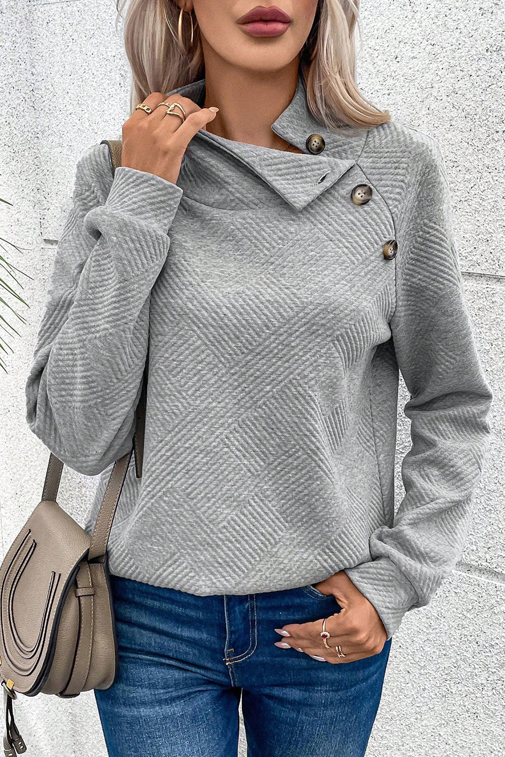 Geometric Textured Buttoned Collar Sweatshirt