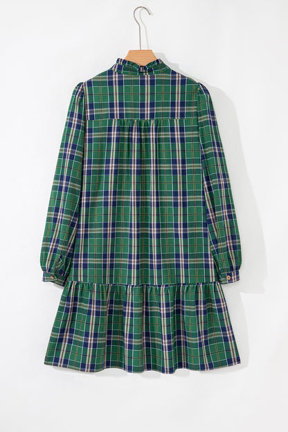 Plaid Frilled Collar Long Sleeve Mini Dress