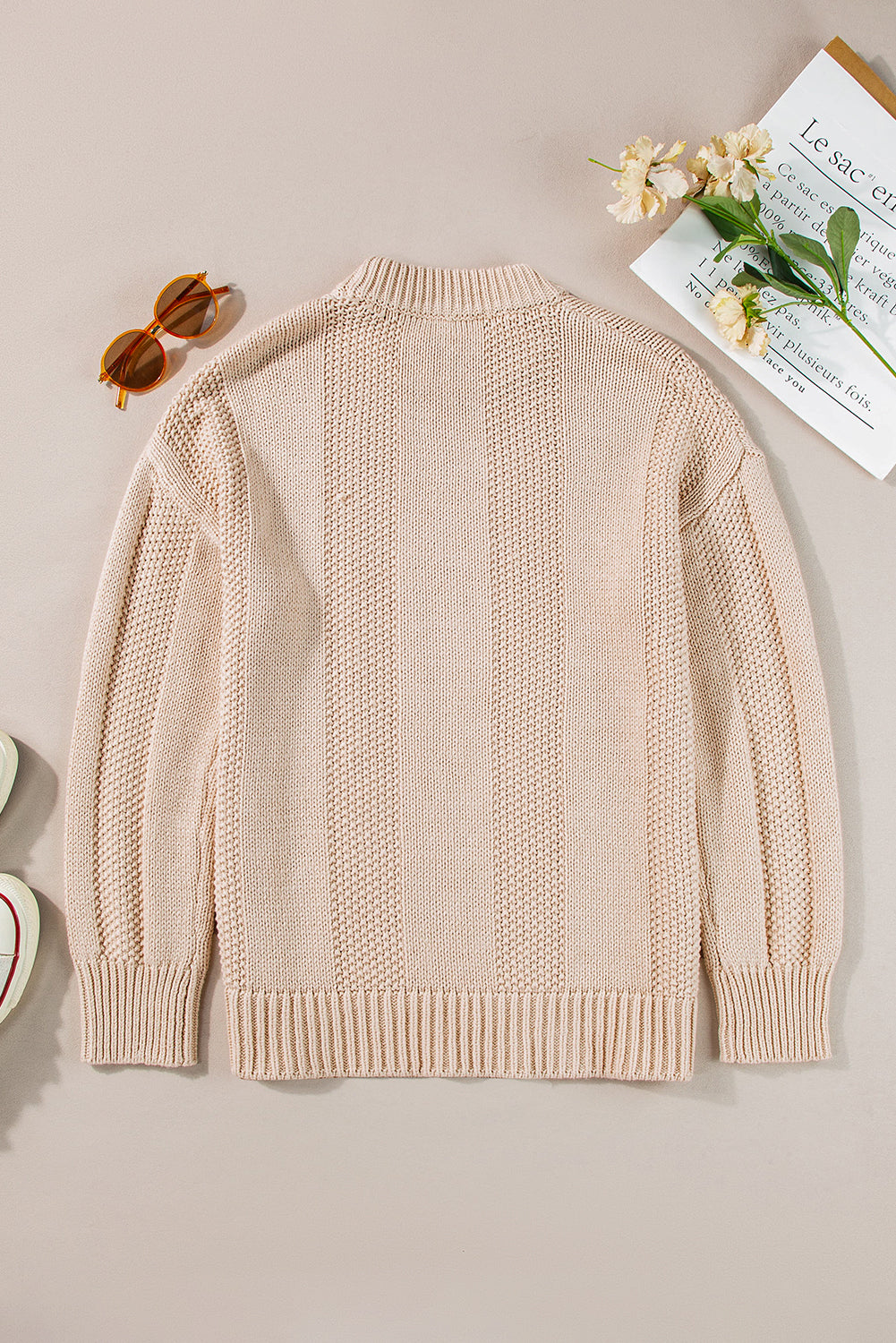 Stripe Cable Knit Ribbed Trim Sweater