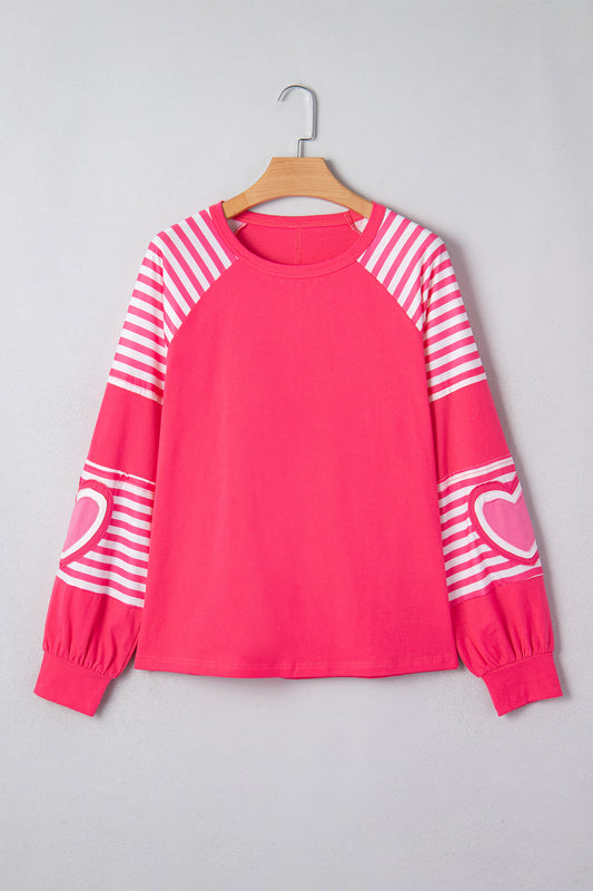Valentine Heart Stripe Patchwork Long Sleeve Top