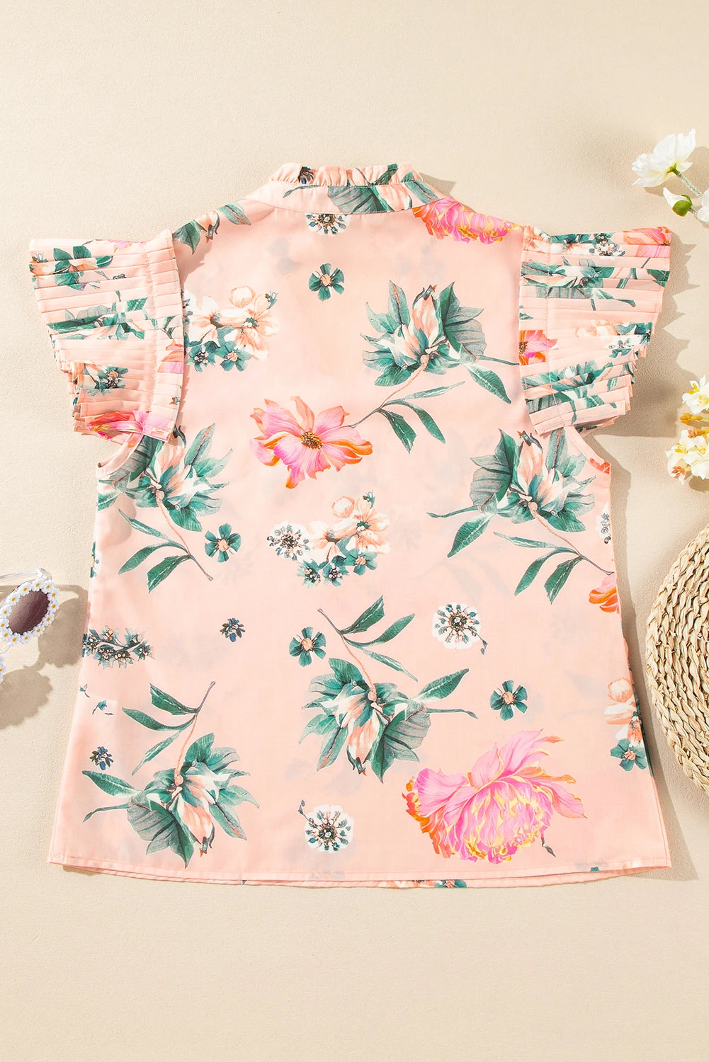 Floral Frilled V-Neck Pleated Sleeve Blouse