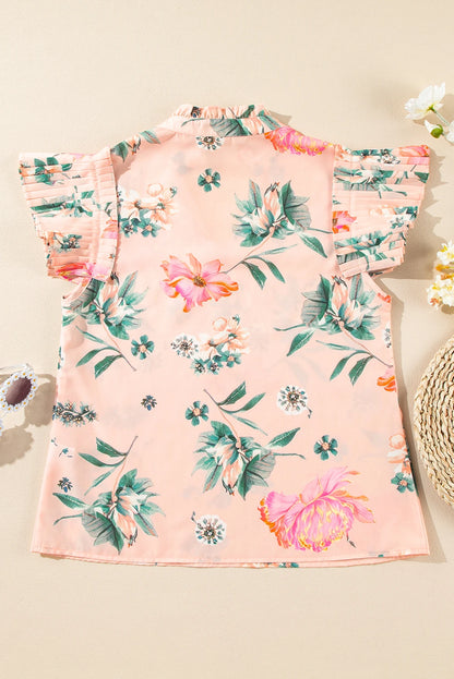 Floral Frilled V-Neck Pleated Sleeve Blouse