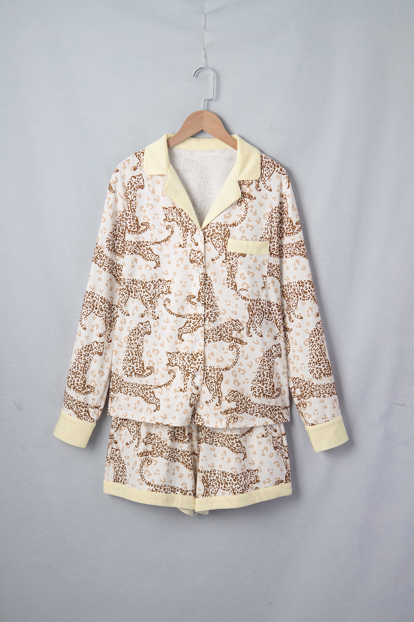 Leopard Pocket Placket Long Sleeve Top and Lounge Bottom Set
