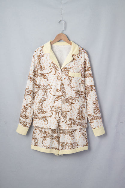 Leopard Pocket Placket Long Sleeve Top and Lounge Bottom Set