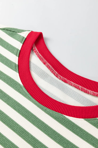 Stripe Contrast Trim Short Puff Sleeve Tee