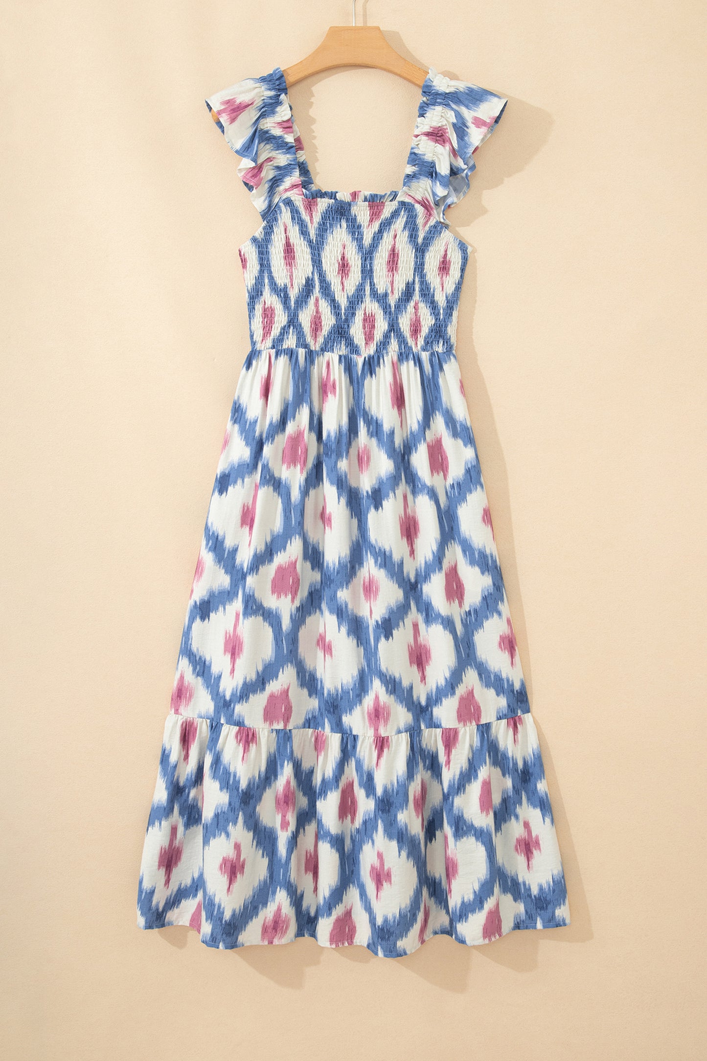 Boho Geometric Smocked Square Neck Ruffle Dress