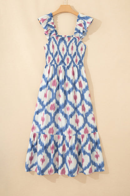 Boho Geometric Smocked Square Neck Ruffle Dress